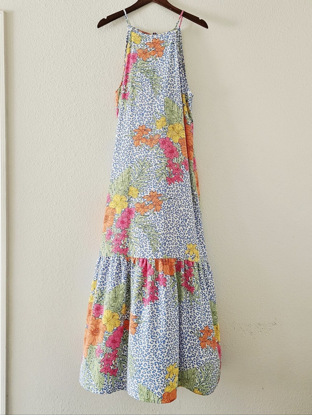Caroline Hill Maxi Dress Size L Tropical Floral Print Ruffle Hem Halter Style